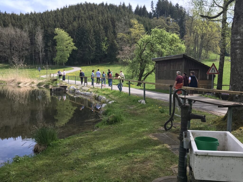 Team im Rahmen eines Betriebsausflugs auf einer Landstraße bei einer Wanderung